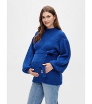 Mama.Licious Mamalicious Maternity Blue Knitted Round Neck Long Sleeve Tie Waist Top